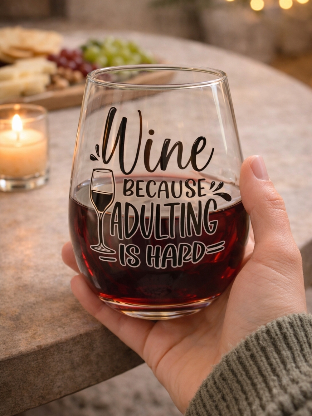 Stemless Wine Glass - "Wine Because Adulting Is Hard" - Clear